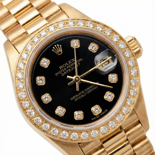 Montre de still présidentiel Rolex Cadran en diamant noir Lunette or jaune Datejust