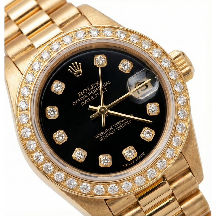 Montre de still présidentiel Rolex Cadran en diamant noir Lunette or jaune Datejust