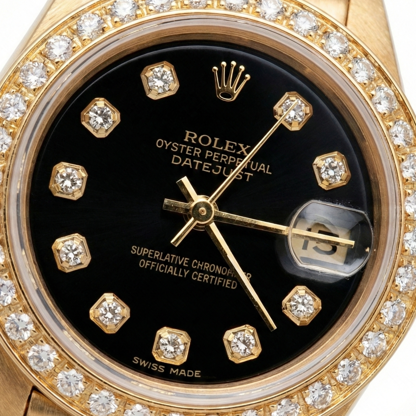 Montre de still présidentiel Rolex Cadran en diamant noir Lunette or jaune Datejust