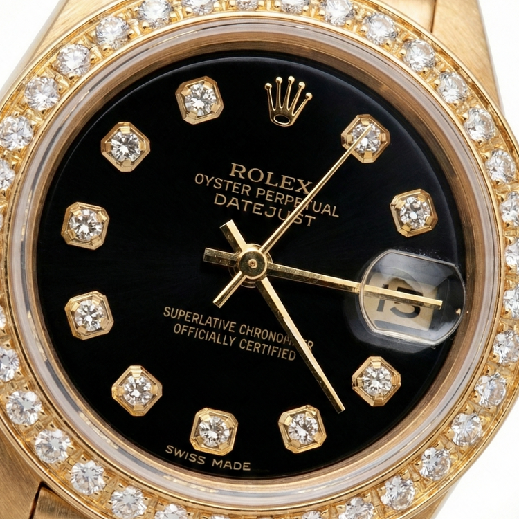 Montre de still présidentiel Rolex Cadran en diamant noir Lunette or jaune Datejust