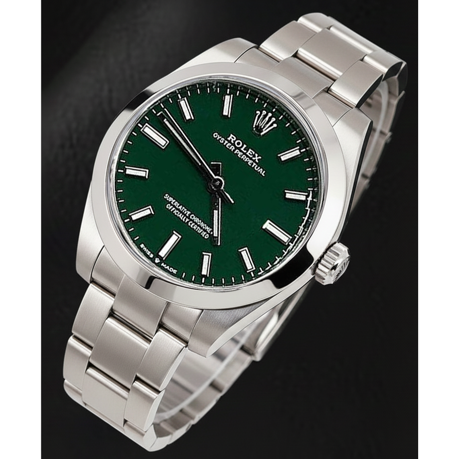 Montre en acier à cadran lumineux vert Rolex huître Perpétuelle pour femme