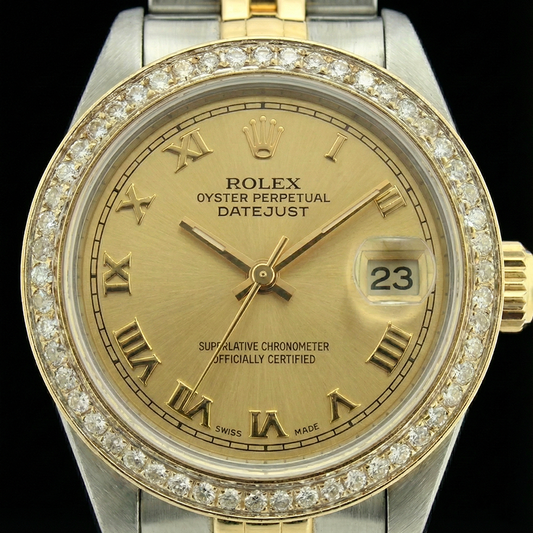 Montre femme cadran romain acier inoxydable et or Rolex Datejust Jubilé