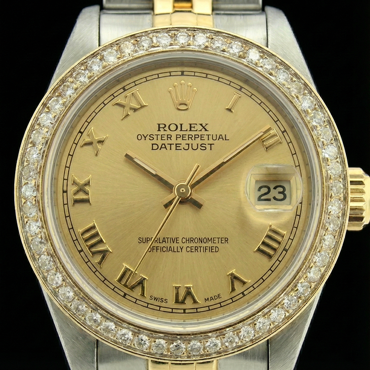 Montre femme cadran romain acier inoxydable et or Rolex Datejust Jubilé