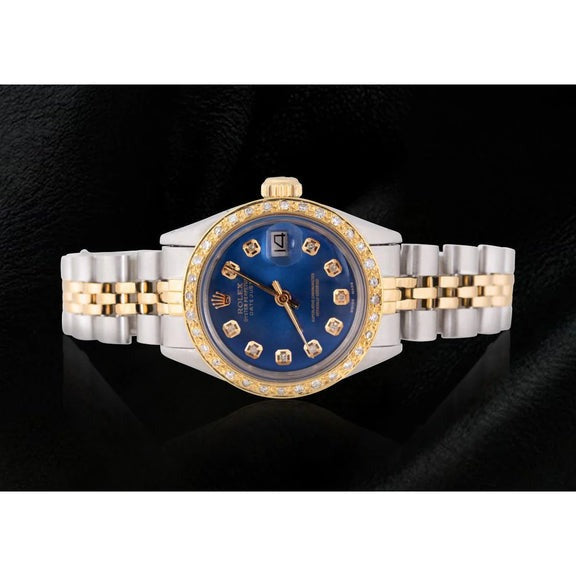 Montre femme jubilé bicolore avec cadran diamant bleu et lunette Rolex 