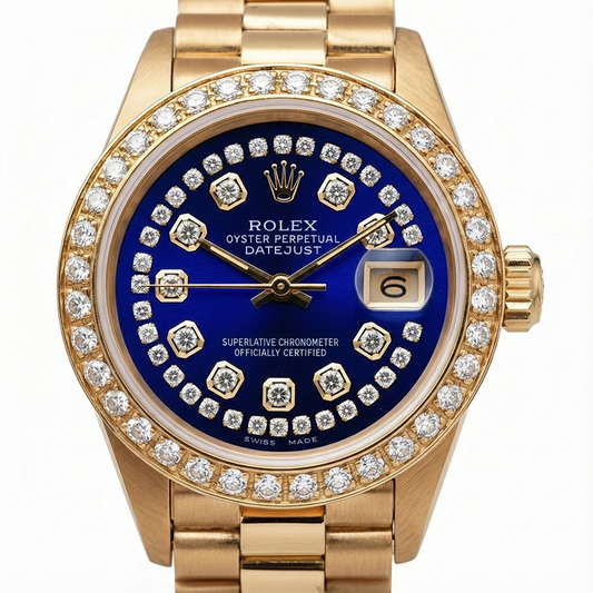 Montre pour femme de style présidentiel avec cadran en diamant et chaîne bleue Rolex or jaune