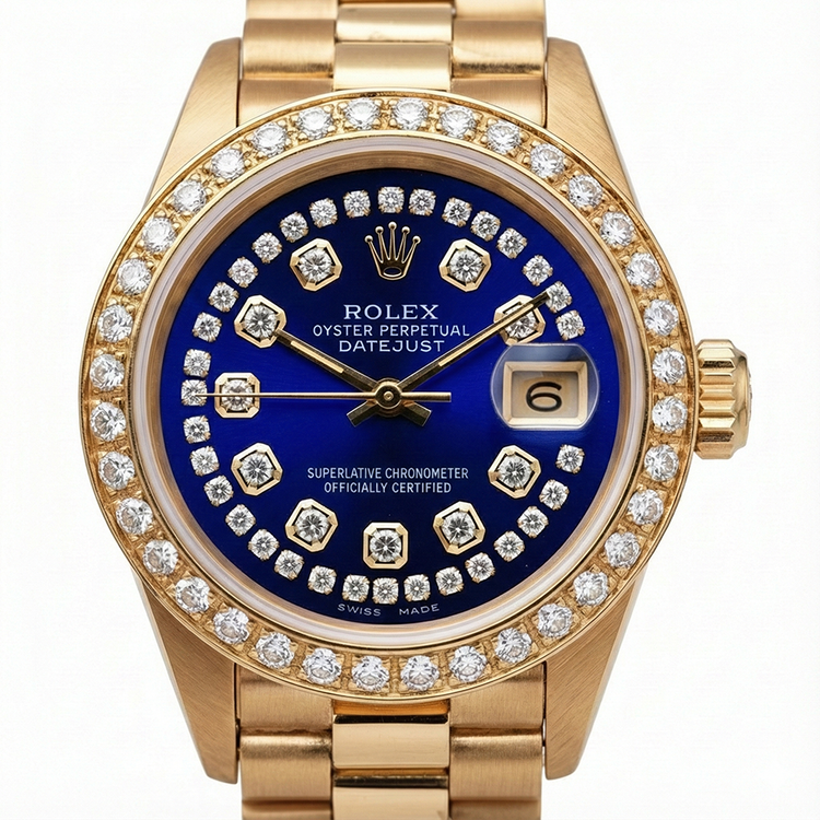 Montre pour femme de style présidentiel avec cadran en diamant et chaîne bleue Rolex or jaune