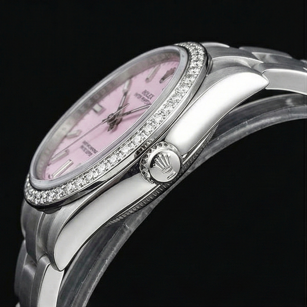 Montre pour femme en acier inoxydable à lunette glacée Rolex huître Perpétuelle