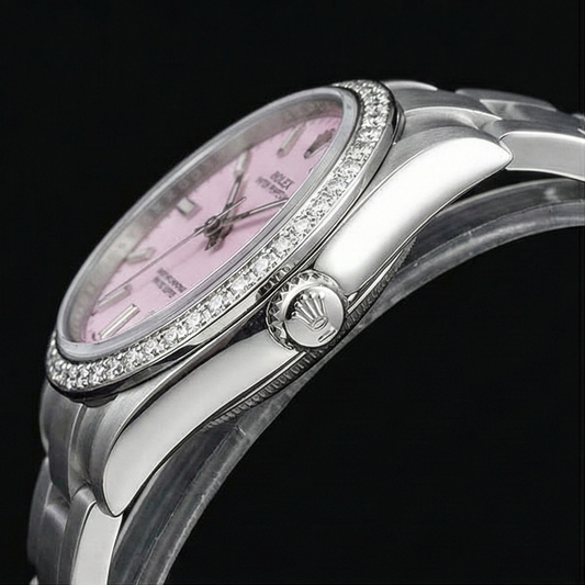 Montre pour femme en acier inoxydable à lunette glacée Rolex huître Perpétuelle