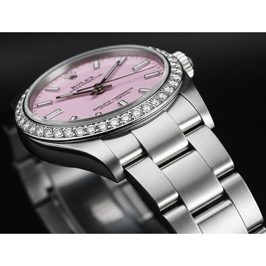 Montre pour femme en acier inoxydable à lunette glacée Rolex huître Perpétuelle