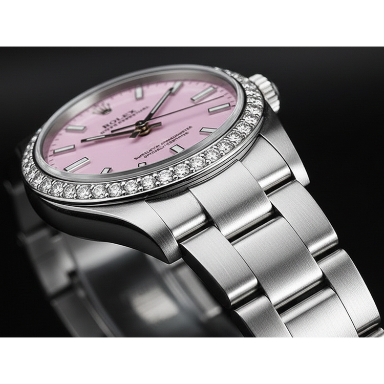 Montre pour femme en acier inoxydable à lunette glacée Rolex huître Perpétuelle