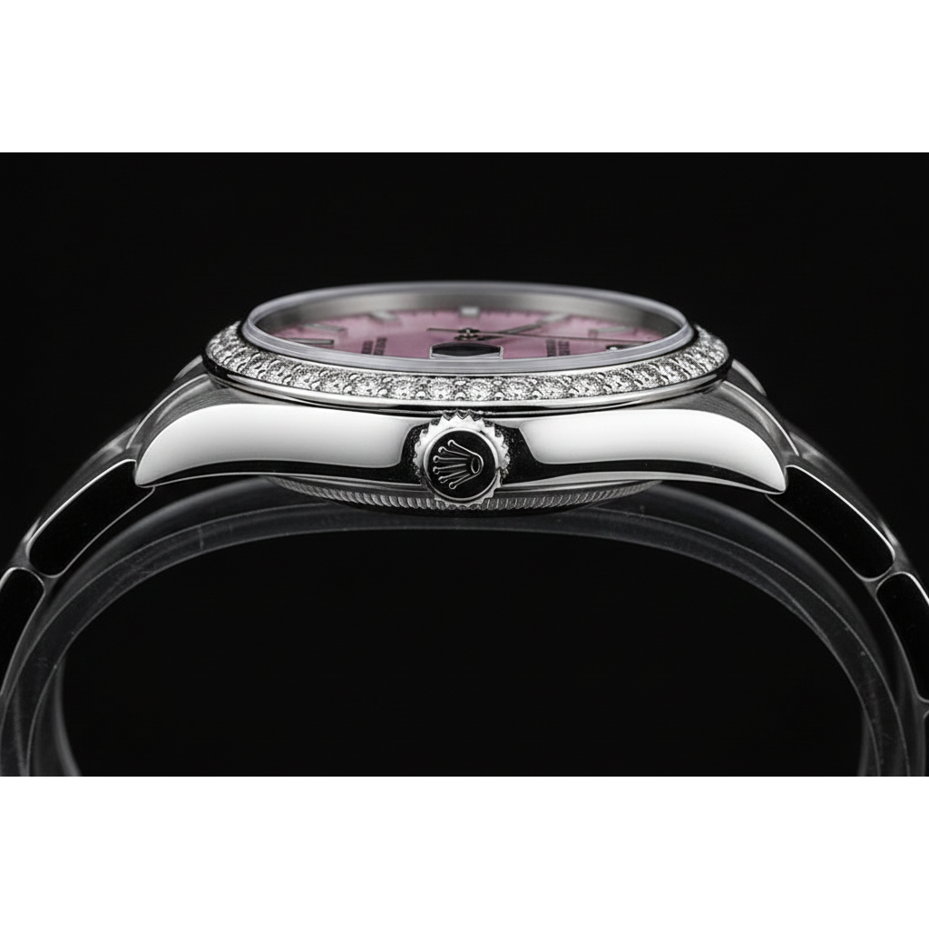 Montre pour femme en acier inoxydable à lunette glacée Rolex huître Perpétuelle