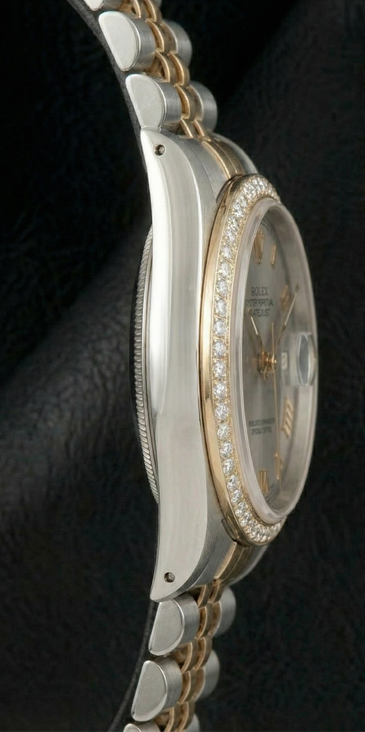 Montre pour homme Rolex Datejus avec lunette en diamant et cadran romain gris jubilé bicolore
