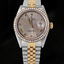 Montre pour homme Rolex Datejus avec lunette en diamant et cadran romain gris jubilé bicolore