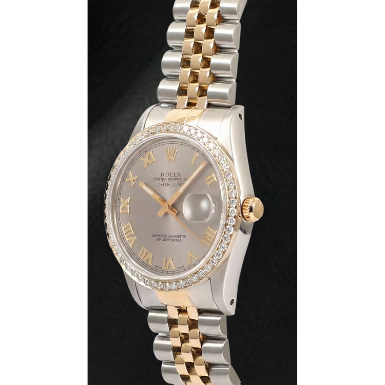 Montre pour homme Rolex Datejus avec lunette en diamant et cadran romain gris jubilé bicolore