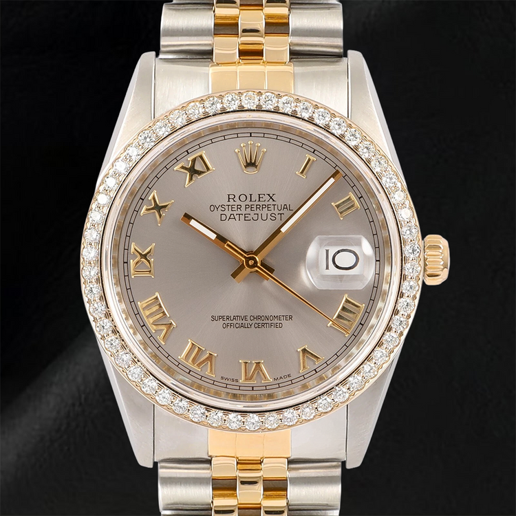 Montre pour homme Rolex Datejus avec lunette en diamant et cadran romain gris jubilé bicolore