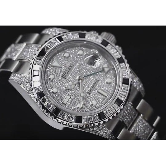 Montre pour homme avec diamants personnalisés 12 carats Rolex Gmt Master Ii acier inoxydable