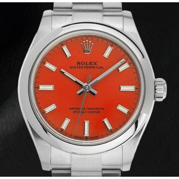 Montre pour homme en acier à cadran lumineux rouge corail Rolex Oyster Perpetual 31 mm
