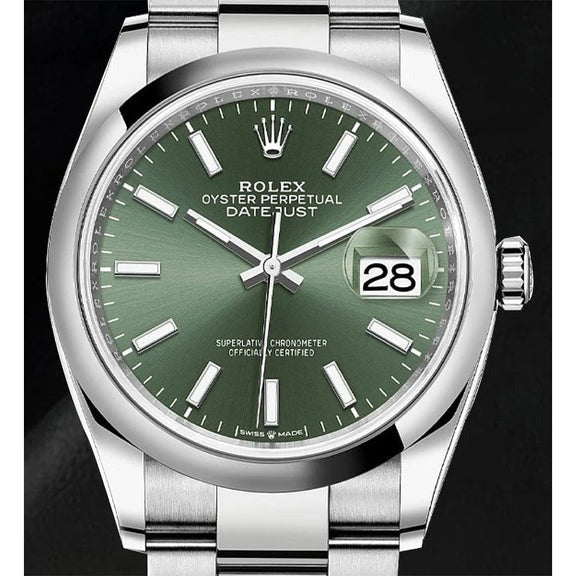 Montre en acier à cadran lumineux vert menthe Date-just Rolex 36 mm
