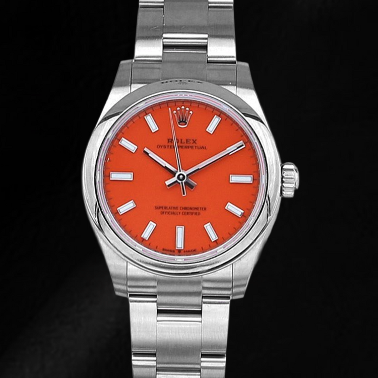 Montre pour homme en acier à cadran lumineux rouge corail Rolex Oyster Perpetual 31 mm
