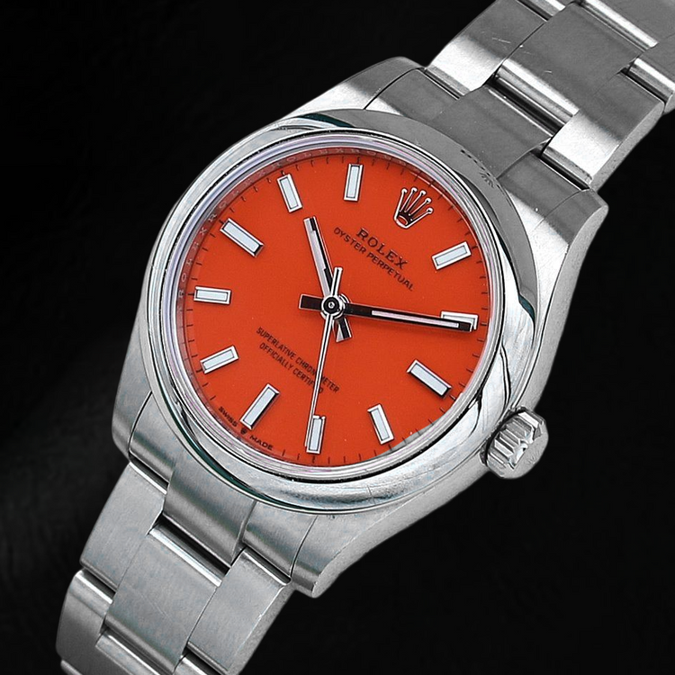 Montre pour homme en acier à cadran lumineux rouge corail Rolex Oyster Perpetual 31 mm