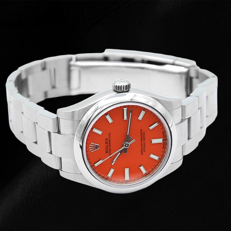 Montre pour homme en acier à cadran lumineux rouge corail Rolex Oyster Perpetual 31 mm