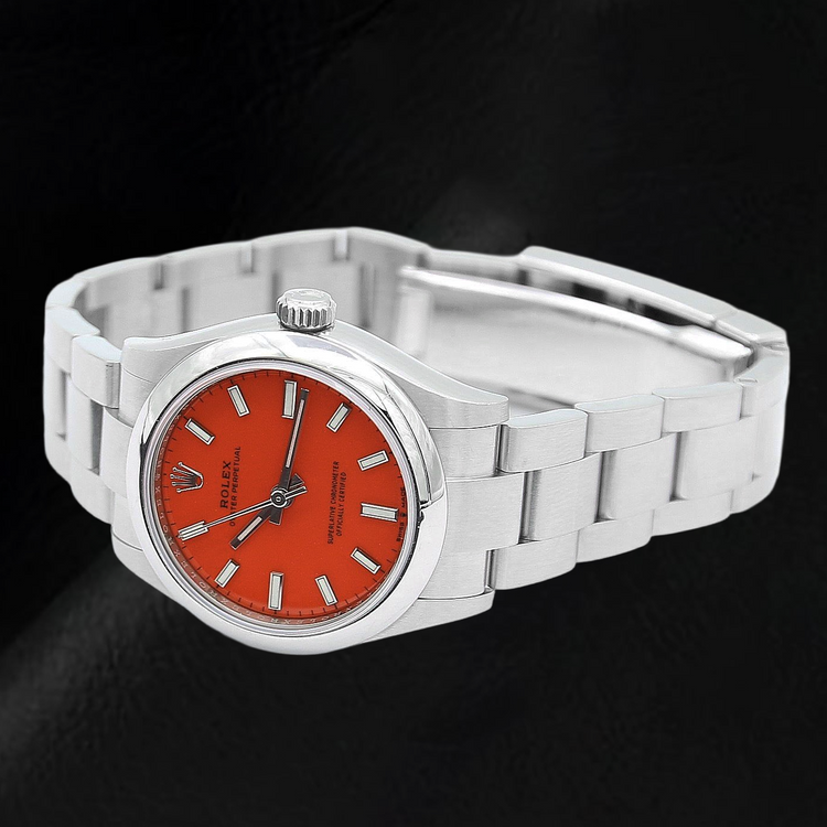 Montre pour homme en acier à cadran lumineux rouge corail Rolex Oyster Perpetual 31 mm