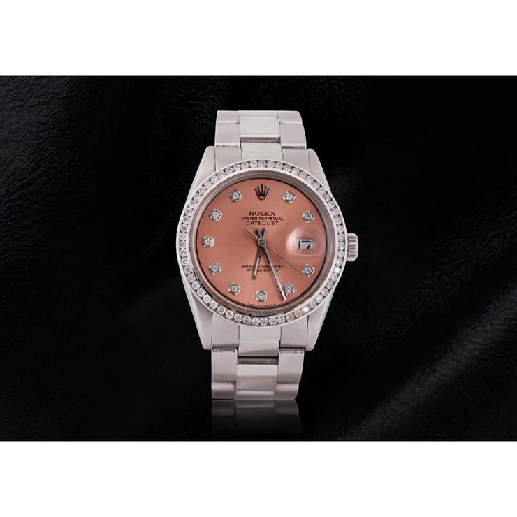 Montre pour hommes avec cadran en diamant saumon et lunette acier inoxydable huître Rolex Datejust 