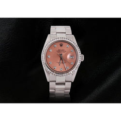 Montre pour hommes avec cadran en diamant saumon et lunette acier inoxydable huître Rolex Datejust à réglage rapide
