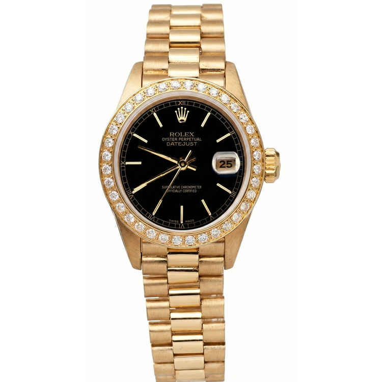 Montre présidentielle à cadran bâton noir Datejust Rolex, lunette en or et diamants