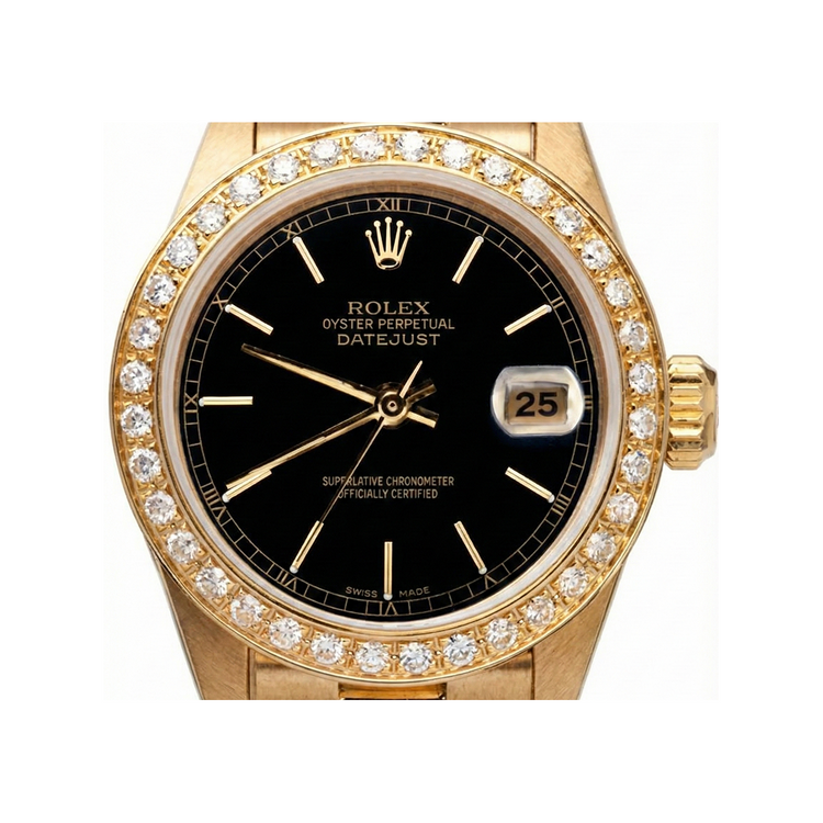 Montre présidentielle à cadran bâton noir Datejust Rolex, lunette en or et diamants