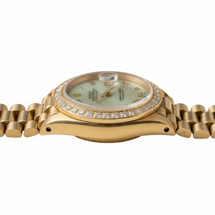 Montre présidentielle à cadran romain W Serpillière Rolex Datejust lunette en diamant or