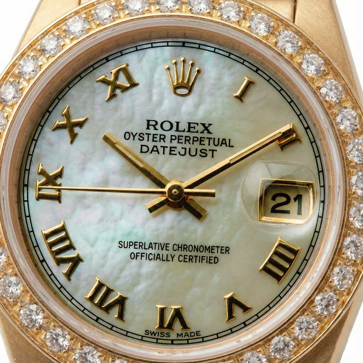 Montre présidentielle à cadran romain W Serpillière Rolex Datejust lunette en diamant or