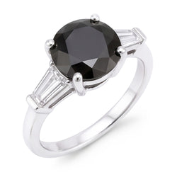 Bague trois pierres en diamant noir naturel véritable 3,6 carats rond et baguette en Or Blanc 14 carats