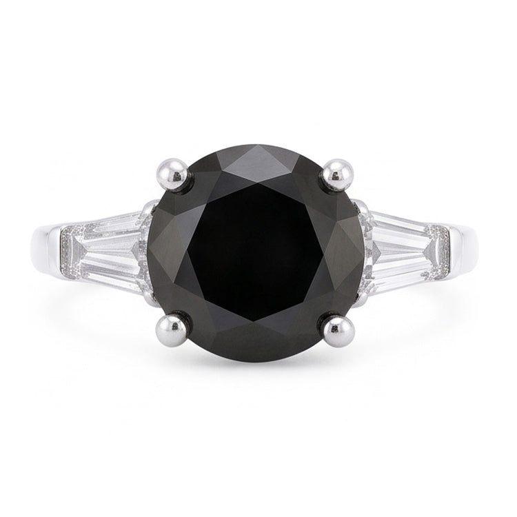 Bague trois pierres en diamant noir naturel véritable 3,6 carats rond et baguette en Or Blanc 14 carats