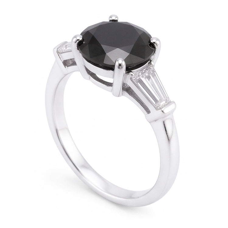 Bague trois pierres en Or Blanc 14 carats avec diamant noir naturel véritable, rond et baguette, 3,6 carats
