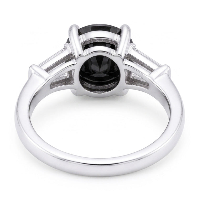 Bague trois pierres en Or Blanc 14 carats avec diamant noir naturel véritable, rond et baguette, 3,6 carats