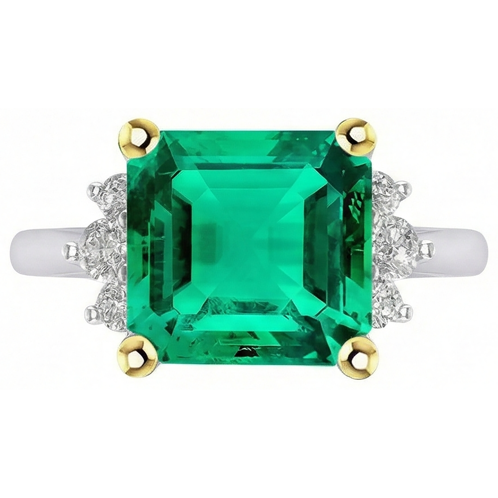 Émeraude Fine Asscher Bague Pierre de Couleur en Or Deux Tons 14 Carats – vue d'angle