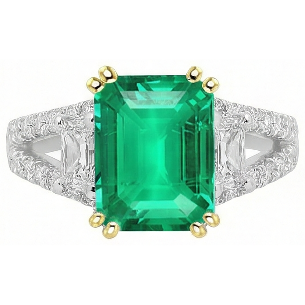 Émeraude Taille à Degrés Bague Pierre Précieuse en Or Bicolore 14 Carats – vue de face