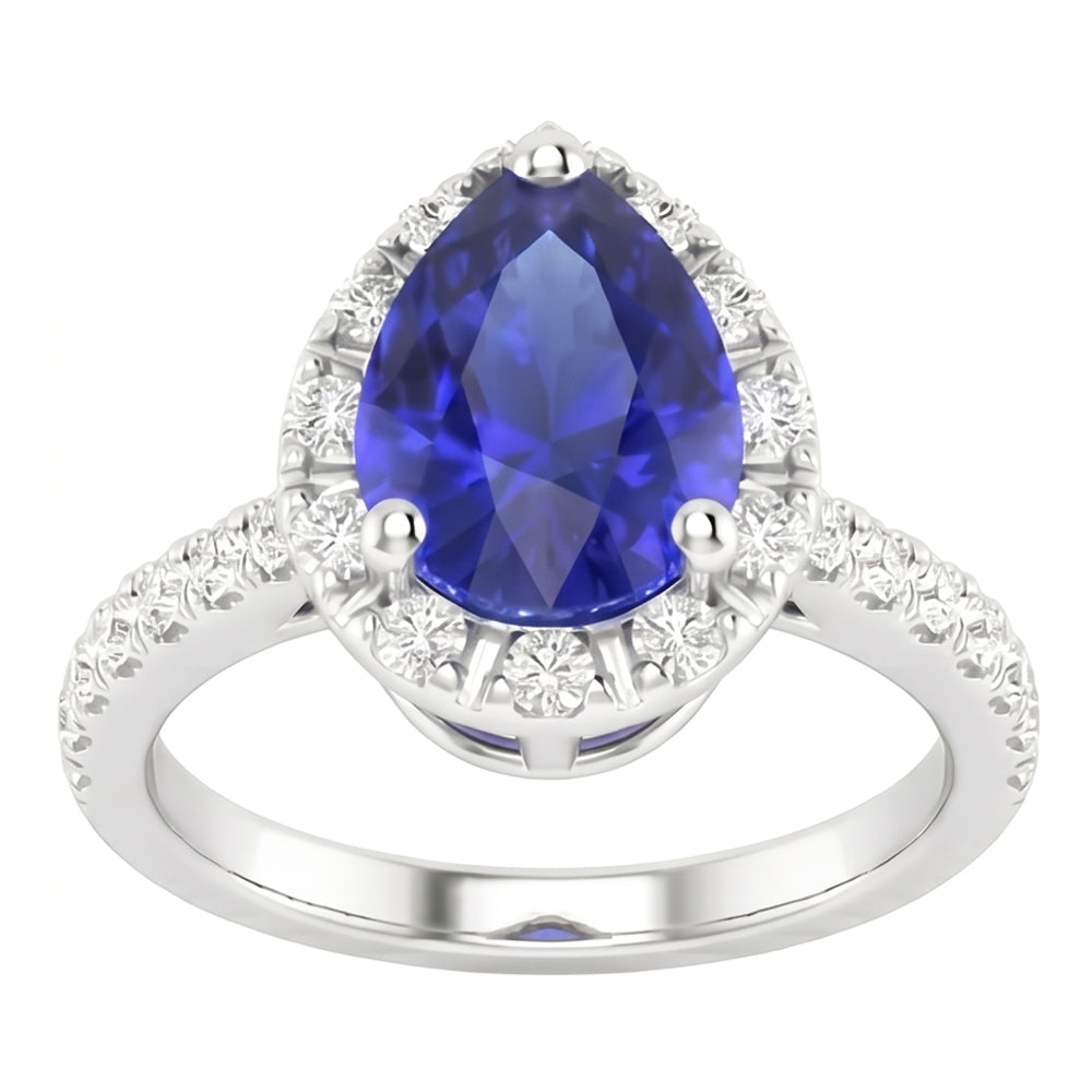 Saphir Bleu Bleuet Goutte Bague Pierre de Couleur en Or Blanc 14 Carats – vue de côté