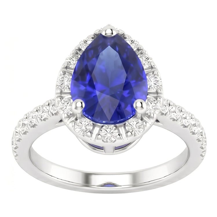 Saphir Bleu Bleuet Goutte Bague Pierre de Couleur en Or Blanc 14 Carats – vue de côté