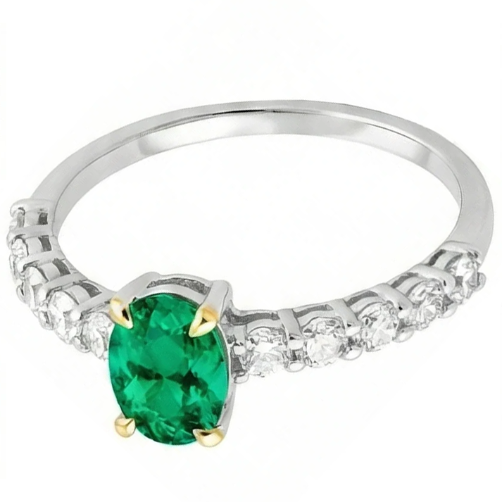 Émeraude Colombienne Ovale Bague avec Gemme en Or Bicolore 14 Carats – vue d'angle
