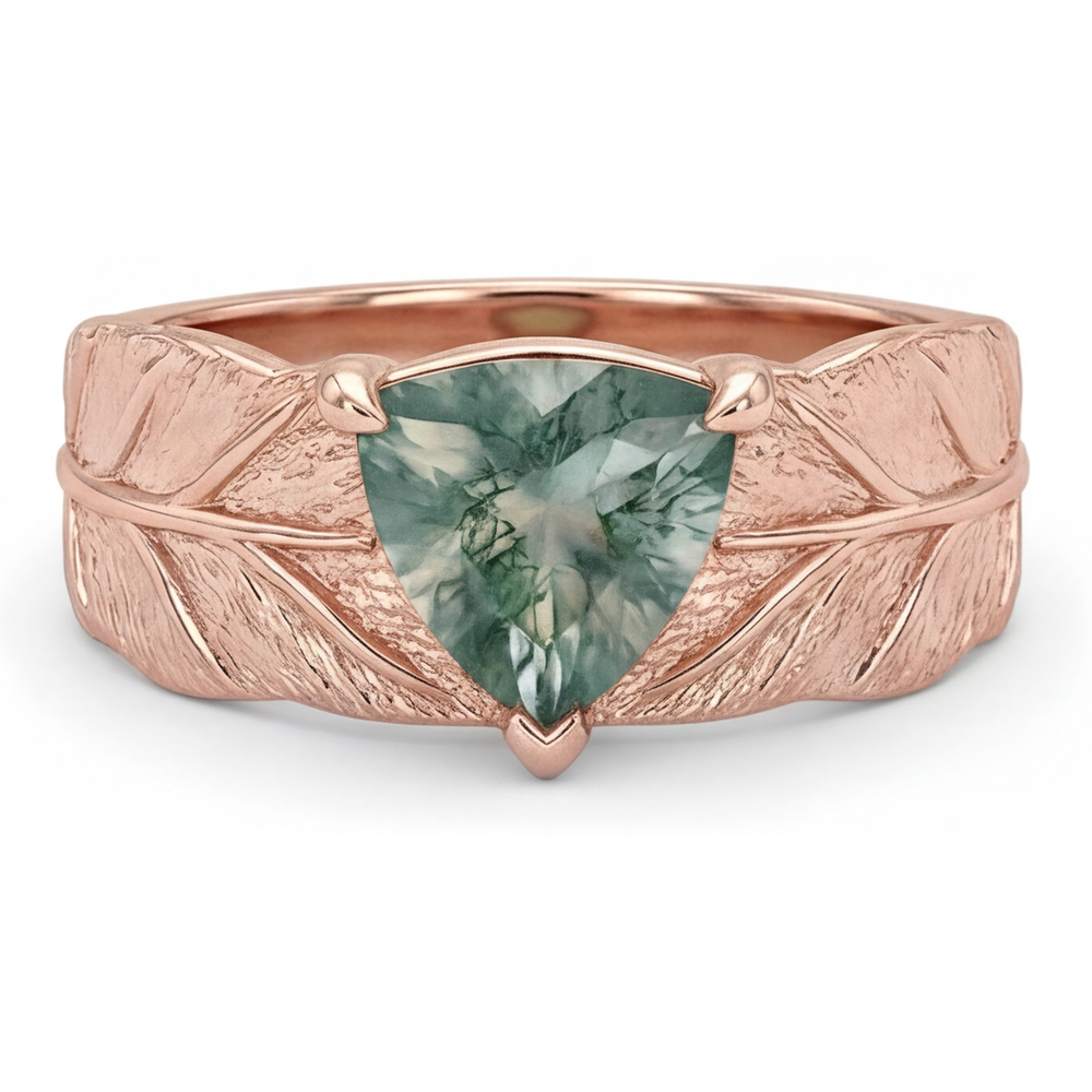 Moss Agate Triangulaire Bague Pierre de Couleur en Or Rose 14 Carats – vue principale