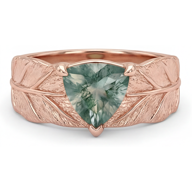 Moss Agate Triangulaire Bague Pierre de Couleur en Or Rose 14 Carats – vue principale