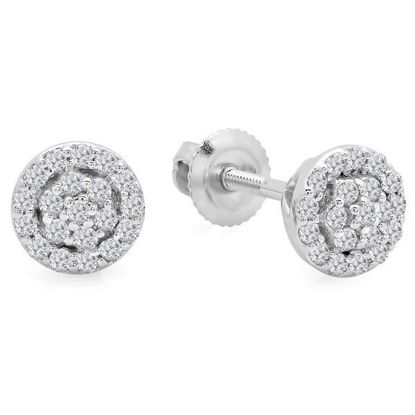 Naturel Boucles D'Oreilles Goujon Halo Pour Femmes. Coupe Ronde Étincelante. 4 Carats. Or Blanc 14 Carats