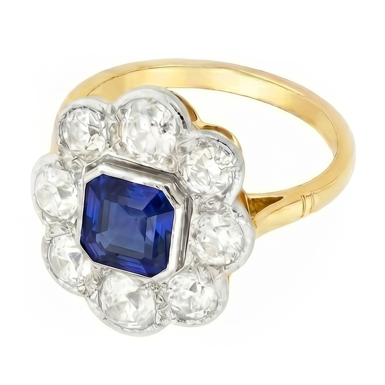 Naturel Diamond Halo Sapphire Ring Bezel Set Asscher Cut Flower Style 4 Carats
