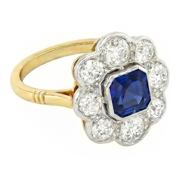 Naturel Diamond Halo Sapphire Ring Bezel Set Asscher Cut Flower Style 4 Carats