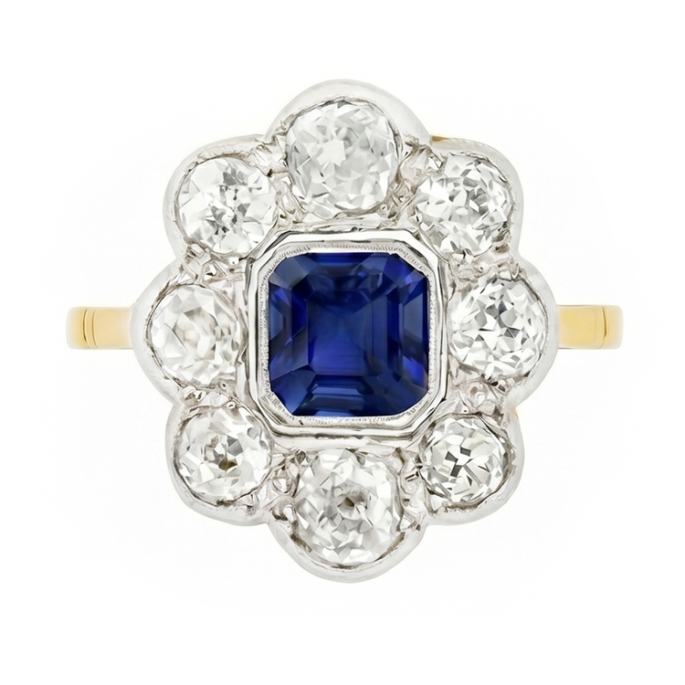 Naturel Diamond Halo Sapphire Ring Bezel Set Asscher Cut Flower Style 4 Carats