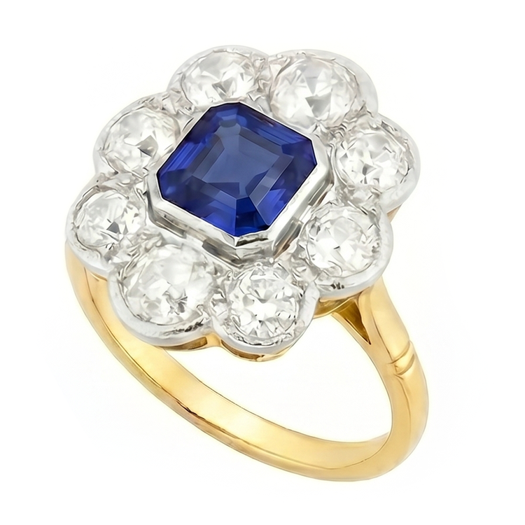 Naturel Diamond Halo Sapphire Ring Bezel Set Asscher Cut Flower Style 4 Carats