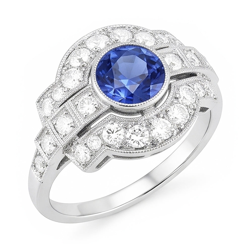Naturel Halo Diamond Ring Bezel Set Ceylan Sapphire 2.50 Carats Milgrain Shank