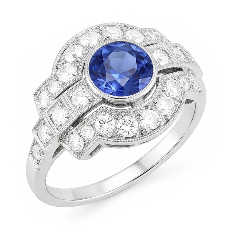 Naturel Halo Diamond Ring Bezel Set Ceylan Sapphire 2.50 Carats Milgrain Shank